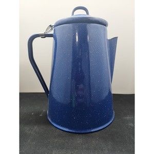 Vintage Blue/White Speckled Coffee Pot W Hinged Lid Spout Handle Camp Enamel